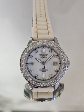 Aviator Women's White Crystal Bezel Silicone Strap Watch